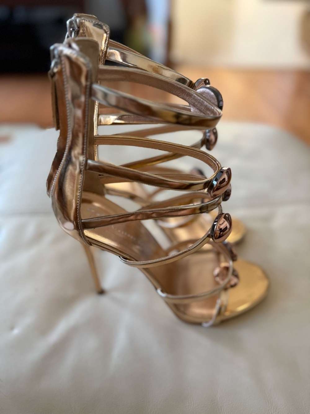 Giuseppe Zanotti Gold Alien Cage Sandals w/Rose Gold Orbs. - Picture 3 of 14